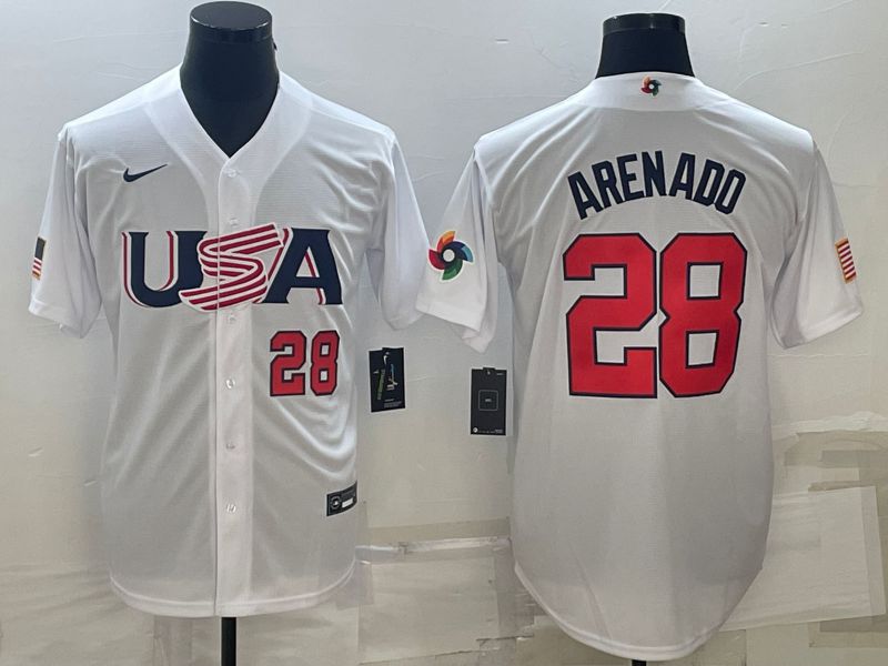 Men 2023 World Cub USA #28 Arenado White Nike MLB Jersey5